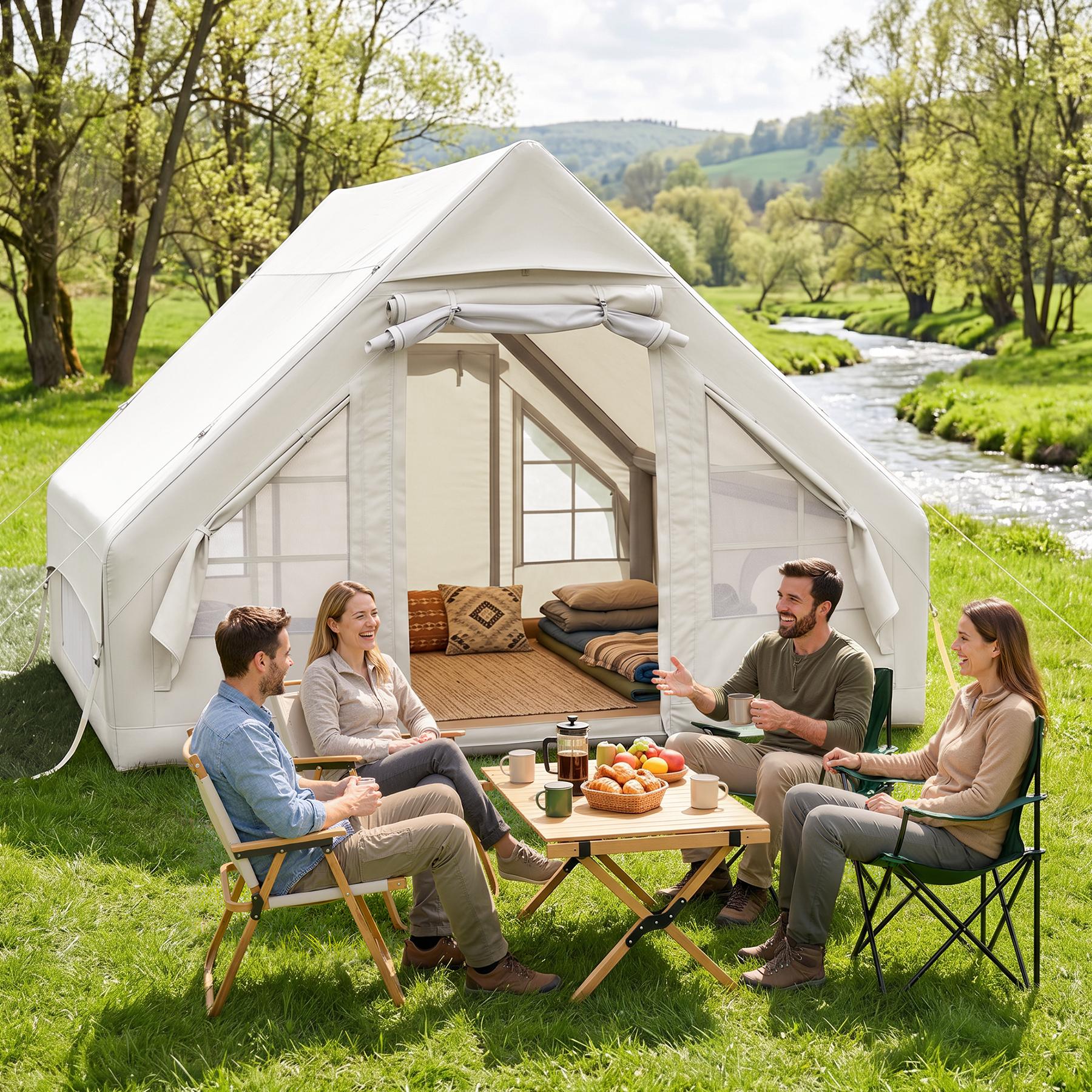 Hawthyhome Aufblasbares Campingzelt 3x2m mit Luftpumpe 2-6 Personen Luftzelt Wasserdicht & Schneller Aufbau 4-Jahreszeiten All-in-One, Weiß