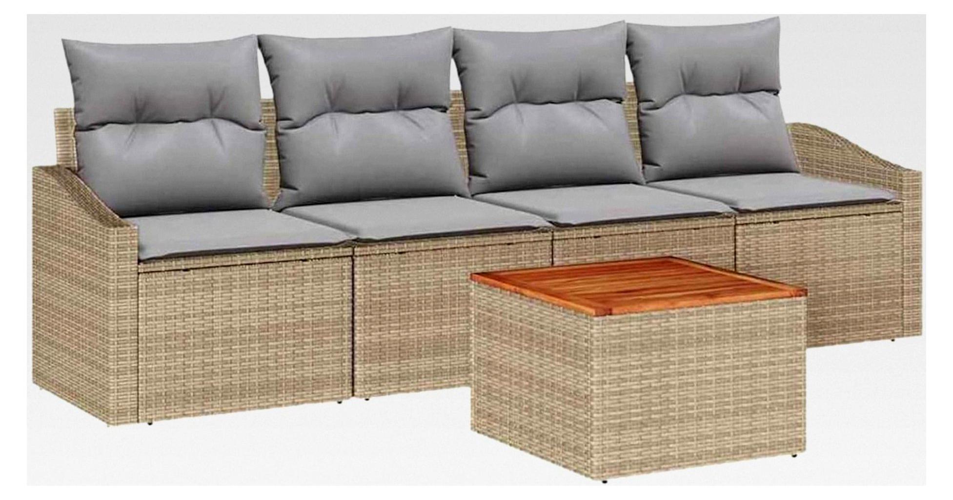 5-teiliges Garten-Sofa-Set mit Kissen Beige Poly Rattan Akazie Lounge Sofa Outdoor
