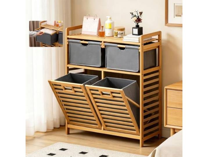 Bambus-Aufbewahrungsschränke Mehrzweckschrank Kommode 2 Stoffschubladen Obere Ablage Herausnehmbarer Aufbewahrungskorb Stoffschubladen Schlafzimmer Wohnzimmer Badezimmer Eingangsbereiche B,78*30*95CM