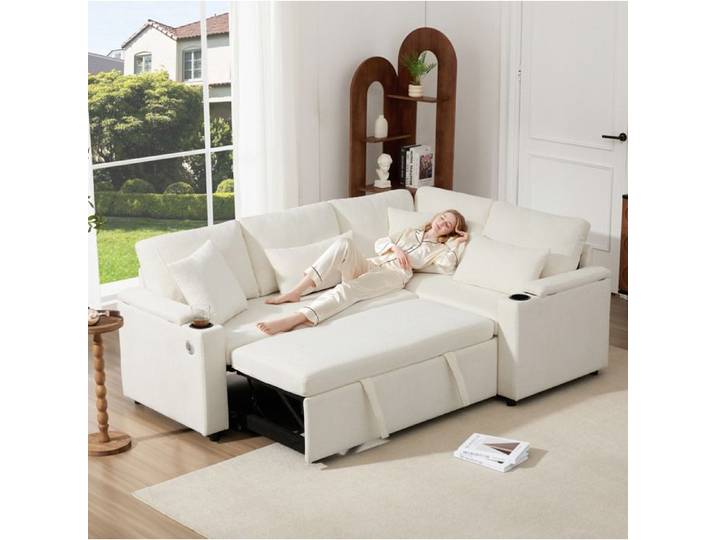 WOVREO canapé d'angle convertible 4 places méridienne droite fixe chenille beige coffre rangement USB