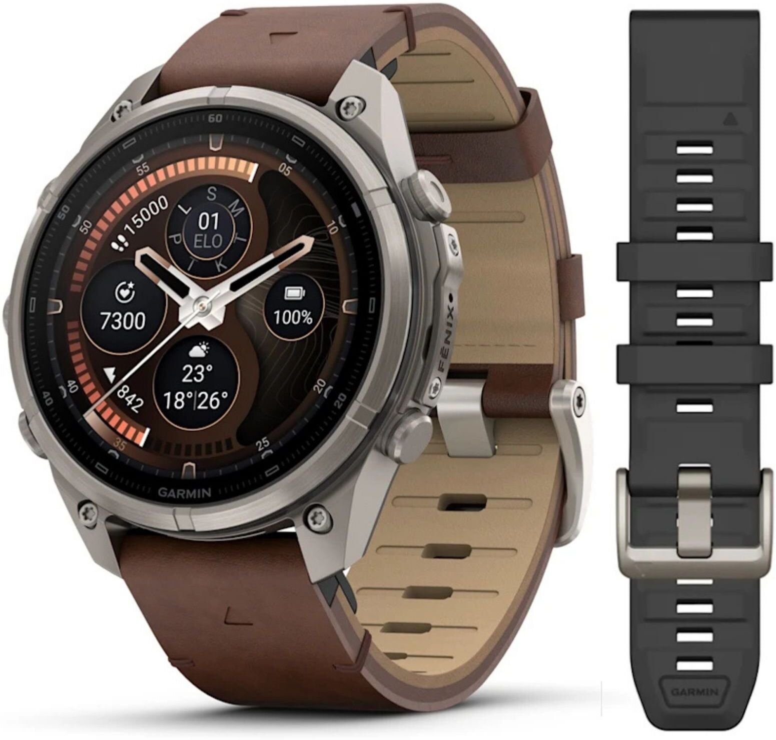 Garmin Fenix 9 Pro inReach AMOLED, 47mm, harmaa titaani ja pähkinänruskea