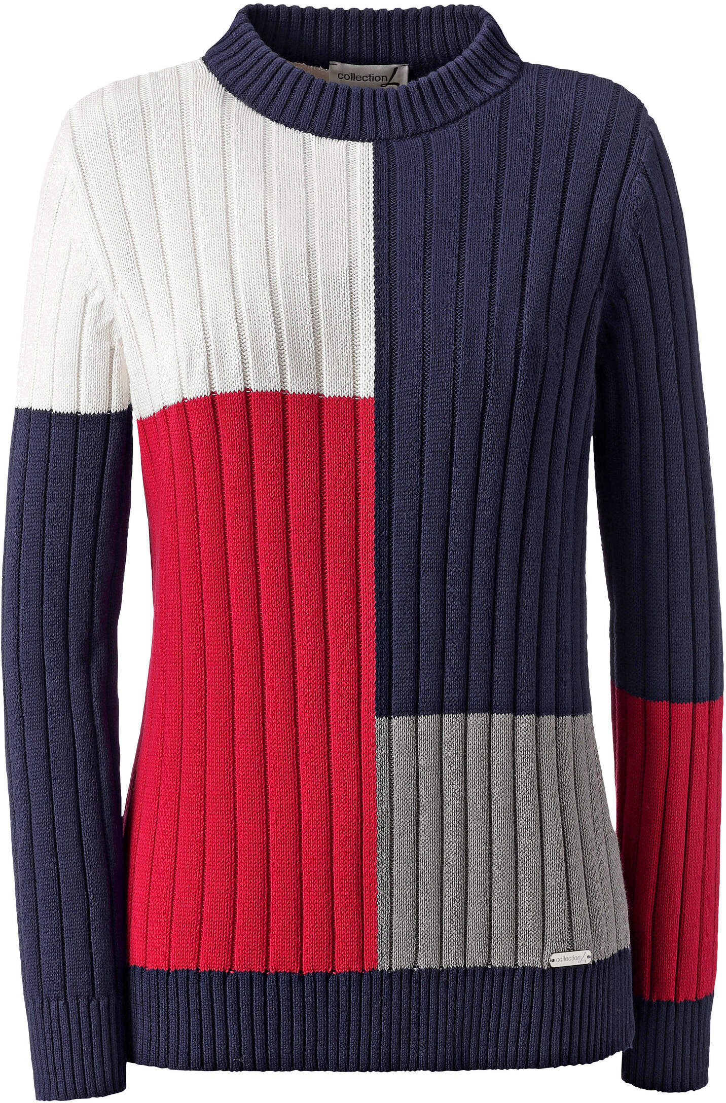 Longpullover WITT "Stehkragen-Pullover Stehkragenpullover im Colour Blocking-Muster", Damen, Gr. 44, marine, rot, Sportlich, Pullover Longpullover