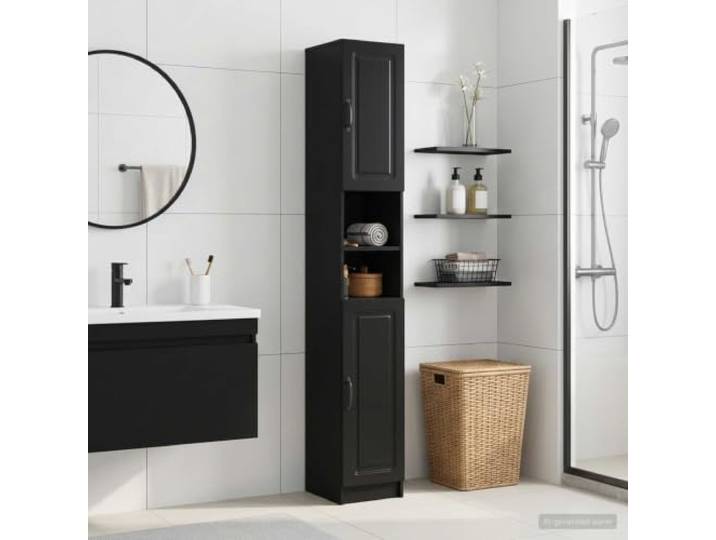 Badezimmerschrank mit offenem Regal UTRECHT Schwarz aus Holzwerkstoff Umkehrbare Tür, offene Ablage, feuchtigkeitsbeständig, platzsparendes Design, mehrere Regale, moderne Optik