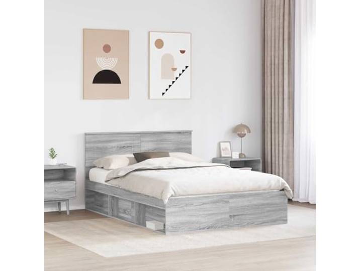 SKTQYQO Kingsize-Bett, Sonoma-Grau, 150 x 200 cm Mehrschichtiges Holz, Kopfteil inklusive, fester Lattenrost, Kapazität 200 kg