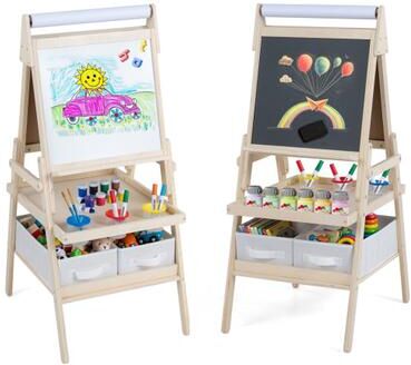 Costway 3-in-1 Art Easel for Kids with Magnetic Chalkboard and Whiteboard-Natrual