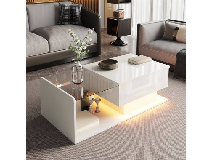Table basse laquée blanche brillante 100cm table d'appoint table basse avec plateau en verre et éclairage LED Blanc