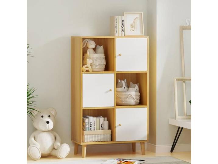 MIPAN. BIBLIOTHÈQUE GRANDE CAPACITÉ À 6 COMPARTIMENTS ADAPTÉE AU SALON OU AU BUREAU 56 X 30 X 109 5 CM BOIS NATUREL ET BLANC
