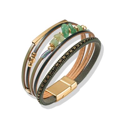 Armband FIRETTI "Schmuck Geschenk Edelstahl Leder Armschmuck Armkette Edelstein", gelbgoldfarben, grün, grün, Armbänder, Damen, 19,5cm, Edelstahl Leder Textil, Edelstahl, Leder, Textil, Armband, Made in Germany - mit Aventurin