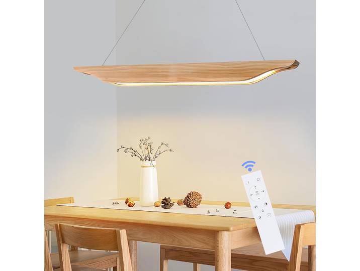 Suspension LED en bois – Lampe suspendue pour table de salle à manger, design moderne, lampe pour salle à manger, 90 cm, intensité réglable avec télécommande, hauteur réglable pour salle à manger,