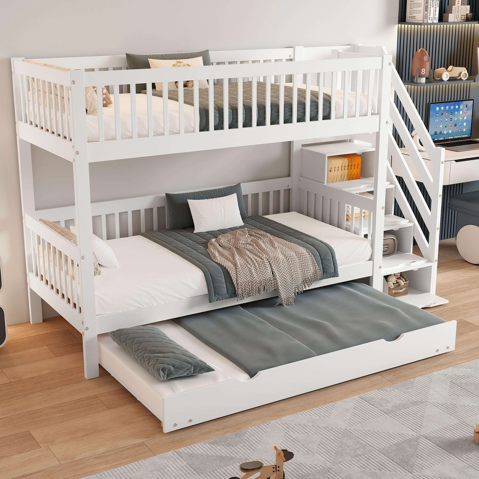 Etagenbett Weiß 90×200 cm mit Rollbett, Handlauf, Gitter & Leiterschrank