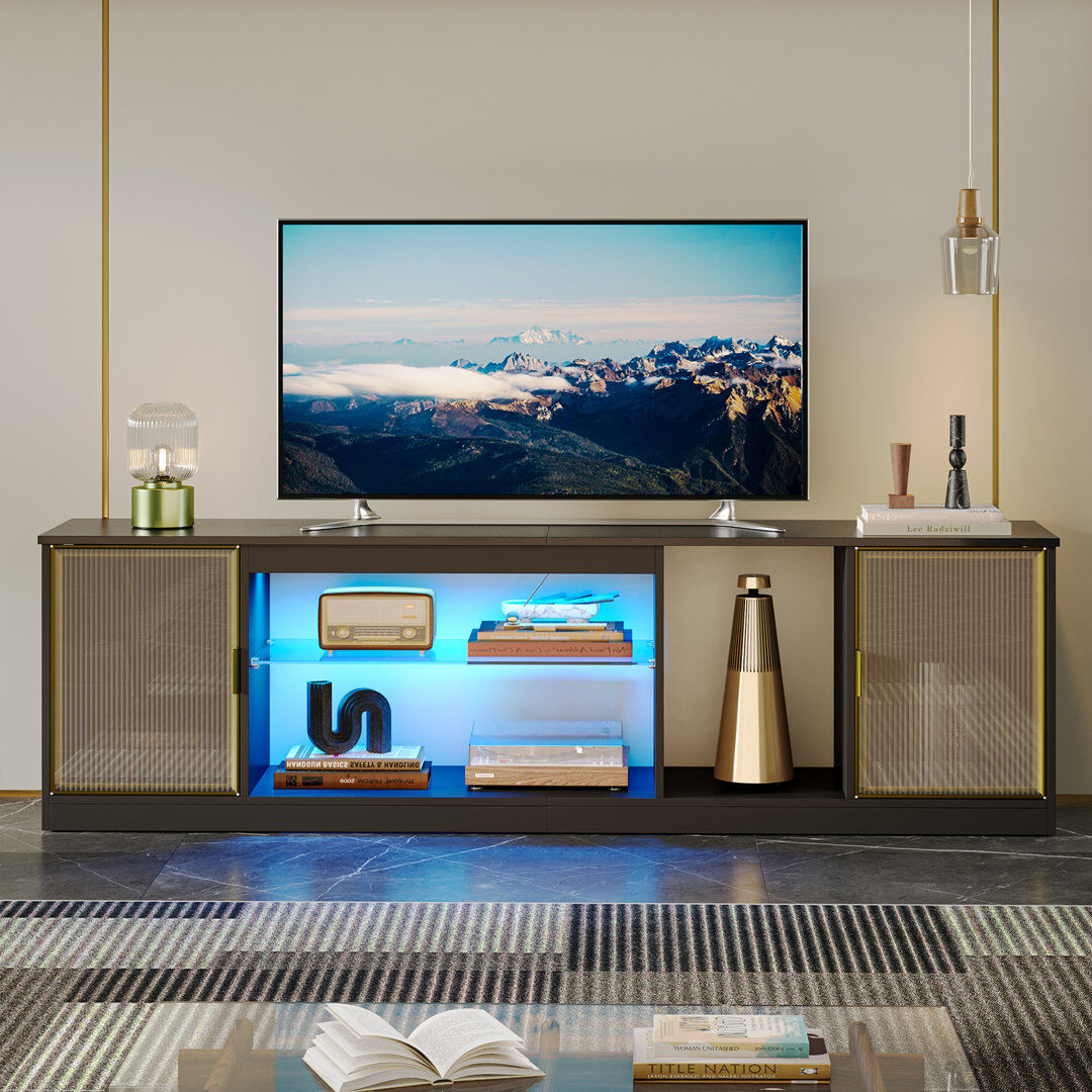 Metro 70" Modern Tv Stand For Tvs Up To 80 Inch With Led, Adjustable Shelf & Translucent Doors Black 78"