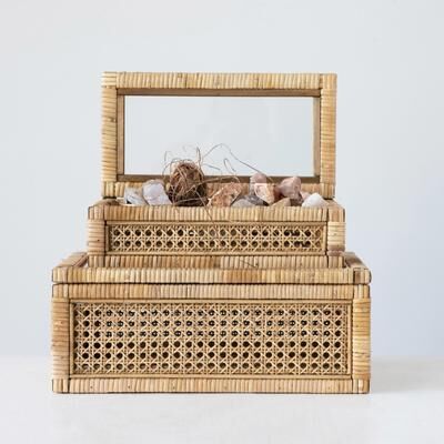 Storied Home Woven Rattan Display Boxes with Glass Lids & Fir Wood Frame