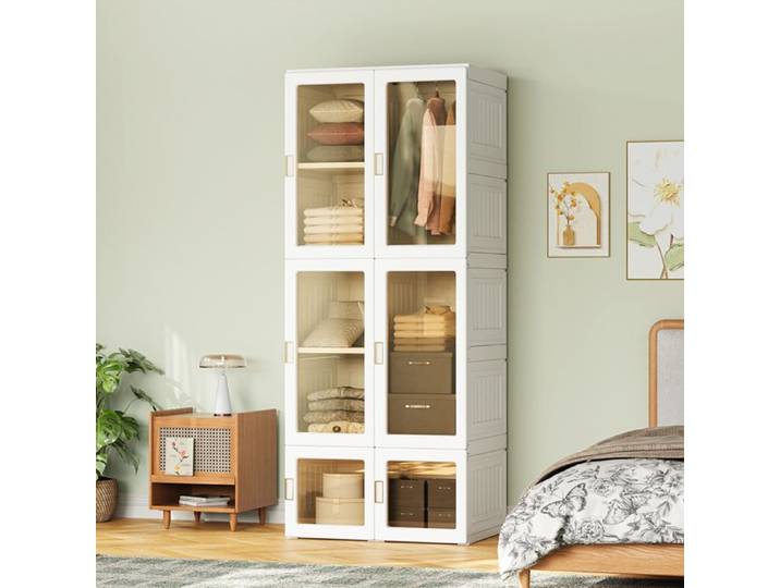 Armoire de Chambre - COMANLAI - Décor Blanc - Armoire penderie avec 6 portes et 5 étagères - Rangement Pliable Multifonction