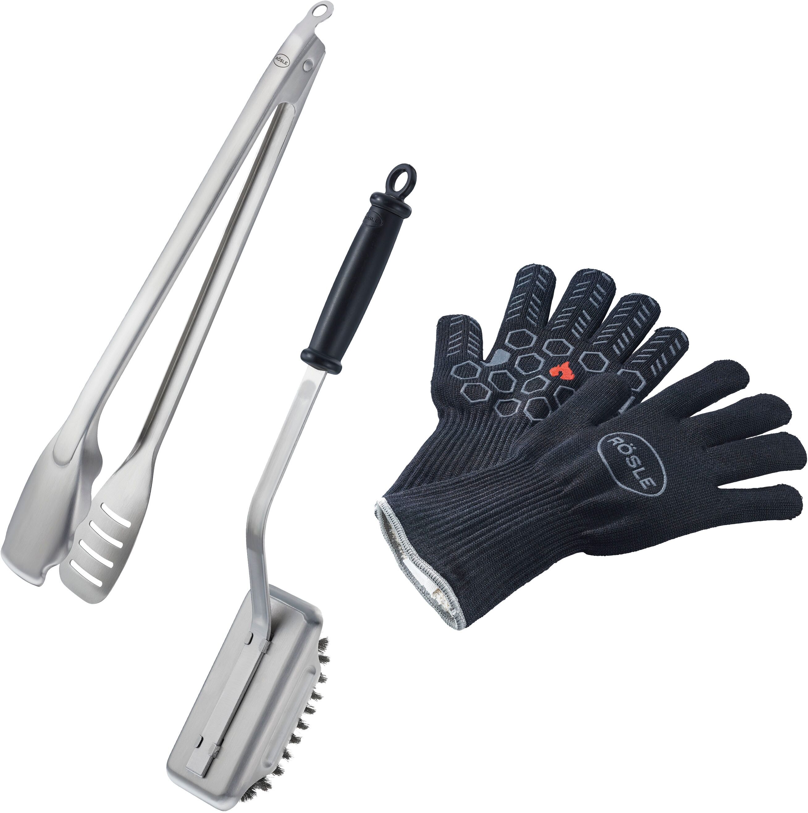 Grillbesteck-Set RÖSLE "BBQ Premium", silber (schwarz, silberfarben), Edelstahl, Kunststoff, Grillbesteck-Sets, Grillbesteck-Set, Grillhandschuhe, BBQ-Grillzange und Reinigungsbürste SlideX schwarz, silberfarben Einheitsgröße