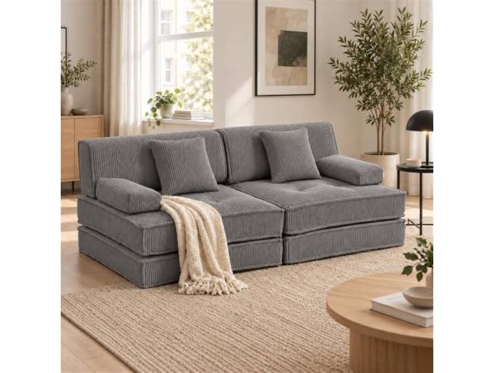 Dunocci® CUBO Modulares Schlafsofa 2-Sitzer, 200 cm breit – 5-in-1 Boneless-Bodensofa mit Gästebettfunktion, hochdichtem Schaumstoff, werkzeuglos, Cordstoff, Grau