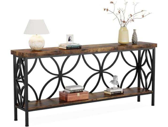 LITTLE TREE Sofatisch, 160 cm großer Industrie-Couchtisch hinter dem Sofatisch mit Aufbewahrungsregalen, schmaler Langer Konsolentisch für den Eingangsbereich, Wohnzimmer, Foyer, Flur, Büro