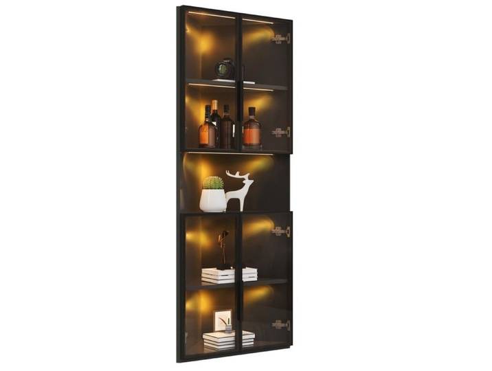Vitrine D'angle Triangulaire 62x32x160cm Noire Façade Verre Éclairage LED Espace Ouvert Pour Objets De Collection&Décoration Salon