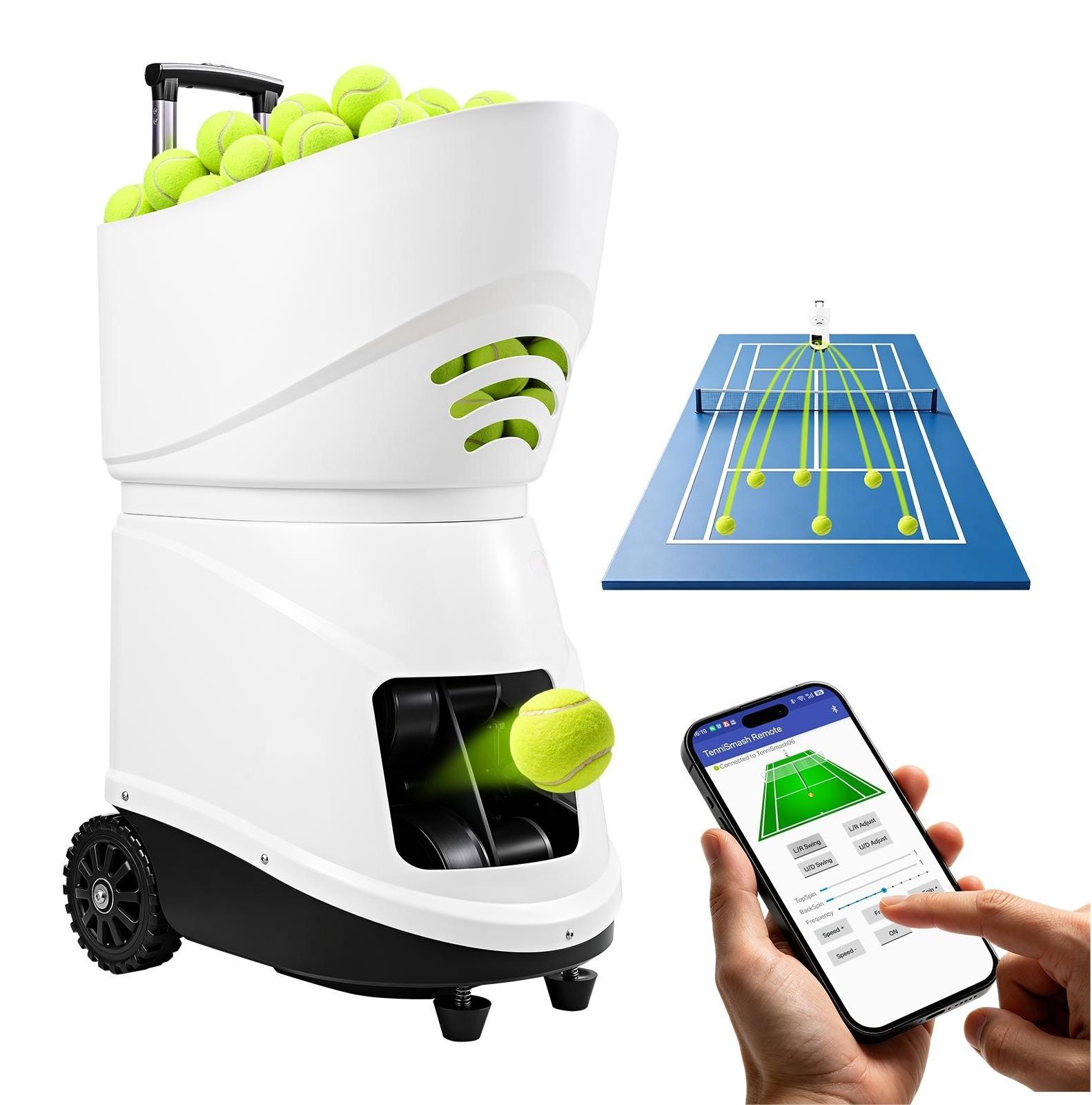 Tennisballmaschine - Tischballwerfer - Maximale Geschwindigkeit 129 km/h - Kapazität für 150 Bälle - Drallsteuerung - App-Steuerung - 3 Trainingsmodi - 4 Stunden Akkulaufzeit