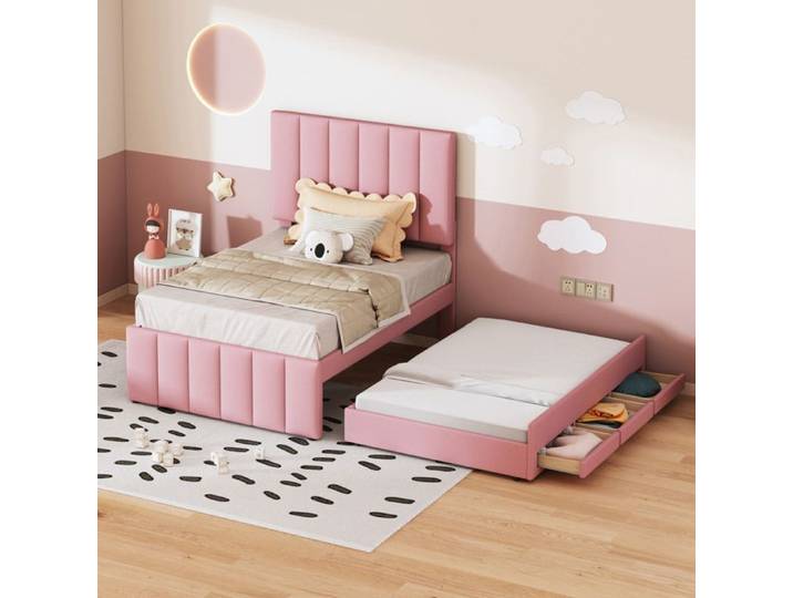 Lit Combiné Simple 90×200 cm et 190×90 cm Lit Gigogne 3 Tiroirs - YEAVIO - sans matelas lin rose
