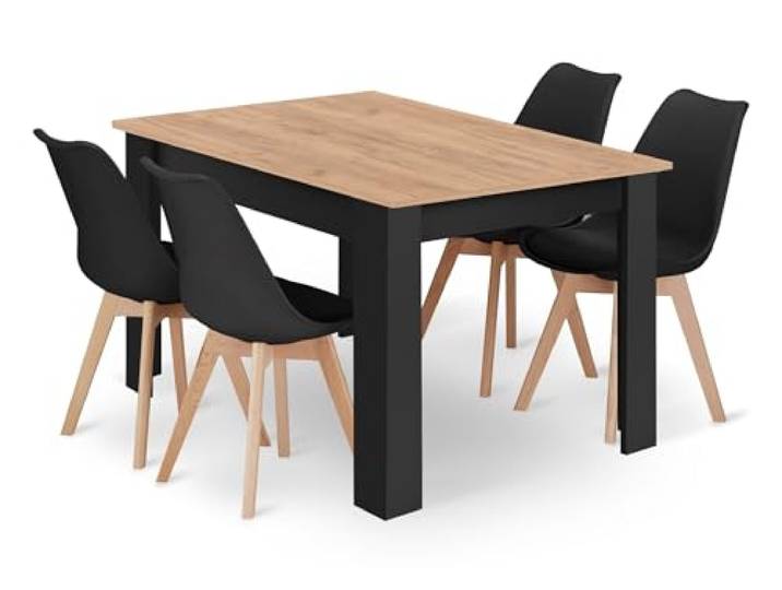 NMK HOME Essgruppe Rechteckig Tisch Stabil Holz Schwarz Stühlen 120x80 cm Holz, Polypropylen, Vielseitiger Einsatz, Komfort, Ergonomisch, Einfache Montage, Kissen enthalten