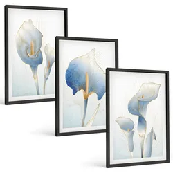 BILDER SET 3er Set - 40x60 cm Schwarzer Rahmen - Blaue Blumen im Hintergrund