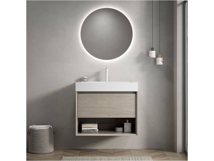 WOVREO Meuble sous vasque suspendu 70 cm avec vasque integree rectangulaire en resine blanche chene clair