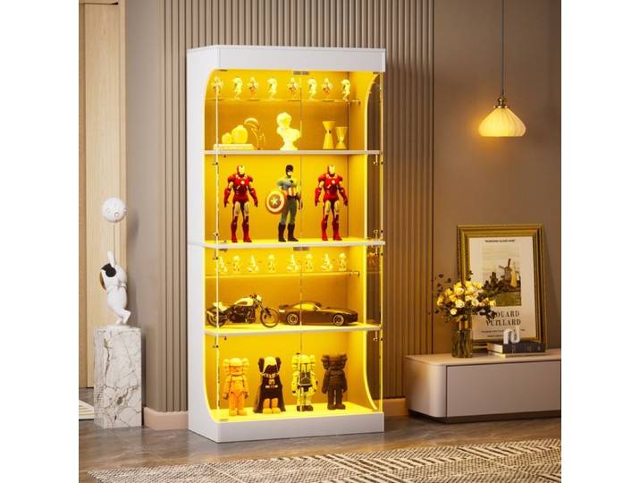 Vitrine blanche d'exposition 4 niveaux avec éclairage LED et capteur meuble vitrine en verre anti-poussière 80x35x165 cm