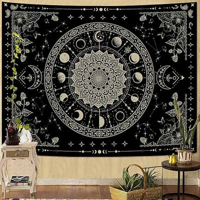 Himmlischer Wandteppich mit Sonne und Mond, Tierkreiszeichen, Mandala in Schwarz-Weiß, Astrologie, Horoskop, mystischer Wandbehang, ästhetisch, gotisch, Boho, Wohndekoration, Schlafzimmer, Wohnzimmer,
