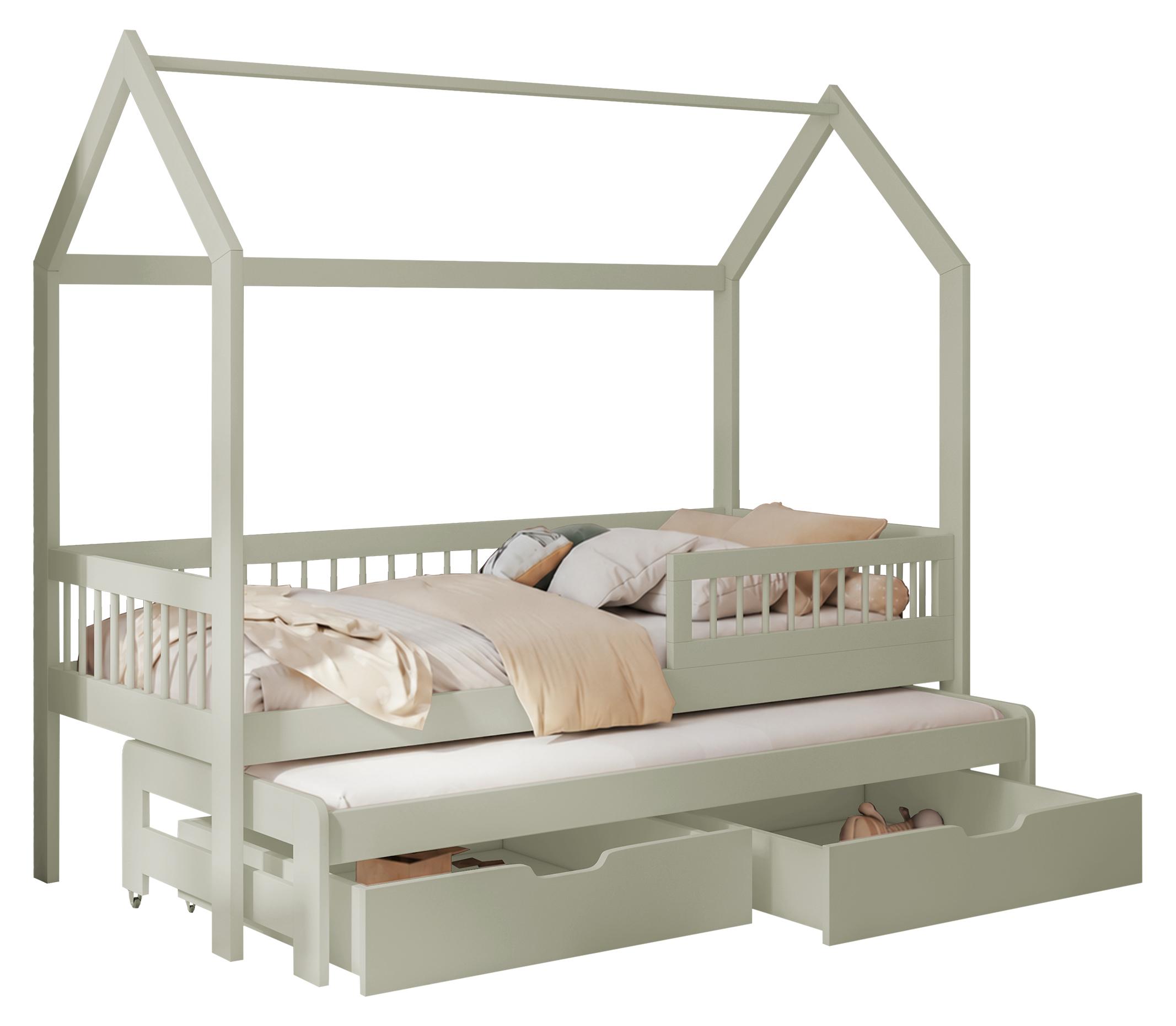 MIRJAN24 Kinderbett Asher 90, Bett mit zwei Bettschubladen, zwei Schlaffläche, Lattenrost, Holzkonstruktion (Farbe: Olivgrün, Größe: 89x200 cm)