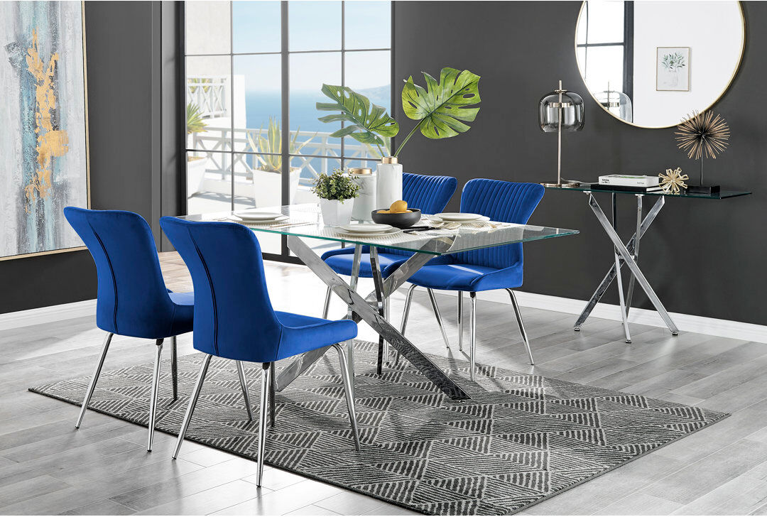 Canora Grey Lenworth Chrome and Glass Rectangular Dining Table Set with 4 Luxury Velvet Chairs Glass 4