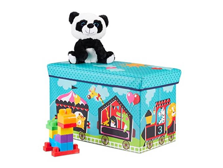 Relaxdays Tabouret Cirque Coffre à Jouets boîte Couvercle Pouf Enfant Pliable Rangement Fille garçon 66l\, Turquoise\, Circus\, Taille