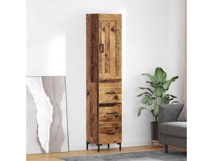 furnicato Highboard Holzhochschrank 34,5 x 34 x 180 cm Altholz (1 St), Roll-out-Schubladen Vorratsschrank mit Metallbeinen für die Küche