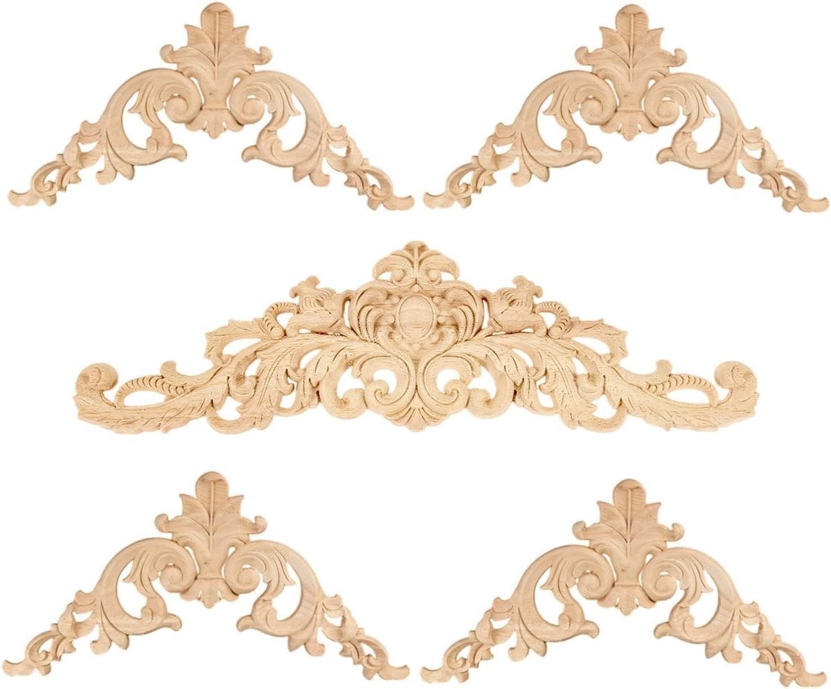 Set van 5 houten beeldhouwwerk stickerset voor meubeldecoratie, 30,7 cm en 8 cm
