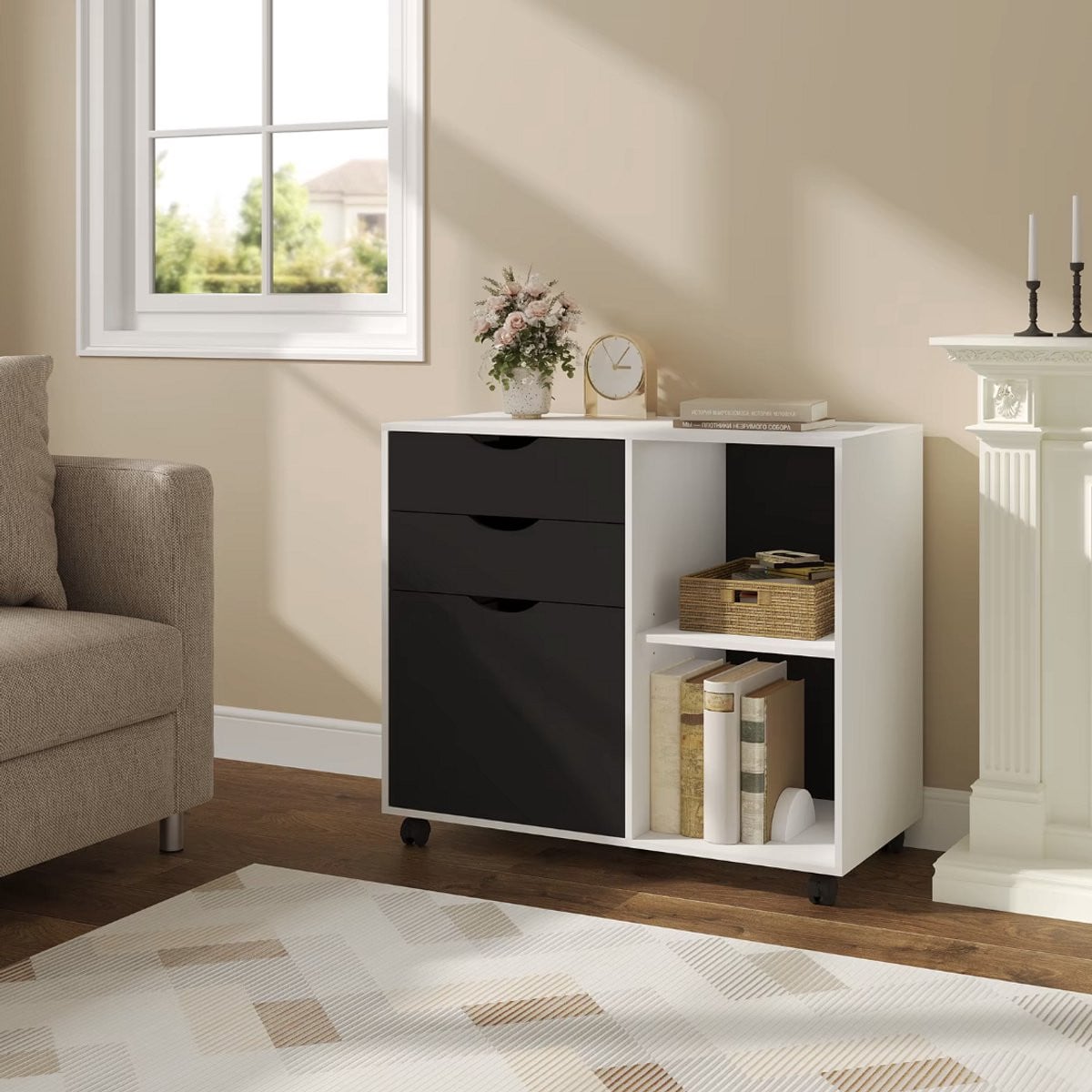 Varnox Archiefkast Mobiele Rolcontainer met 3 Laden Wit/Zwart