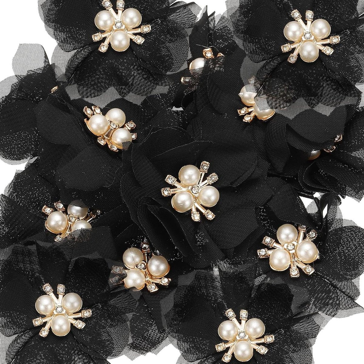 Chiffon Bloem Applicaties met Parels en Strass - Zwart - Diameter: 6 cm