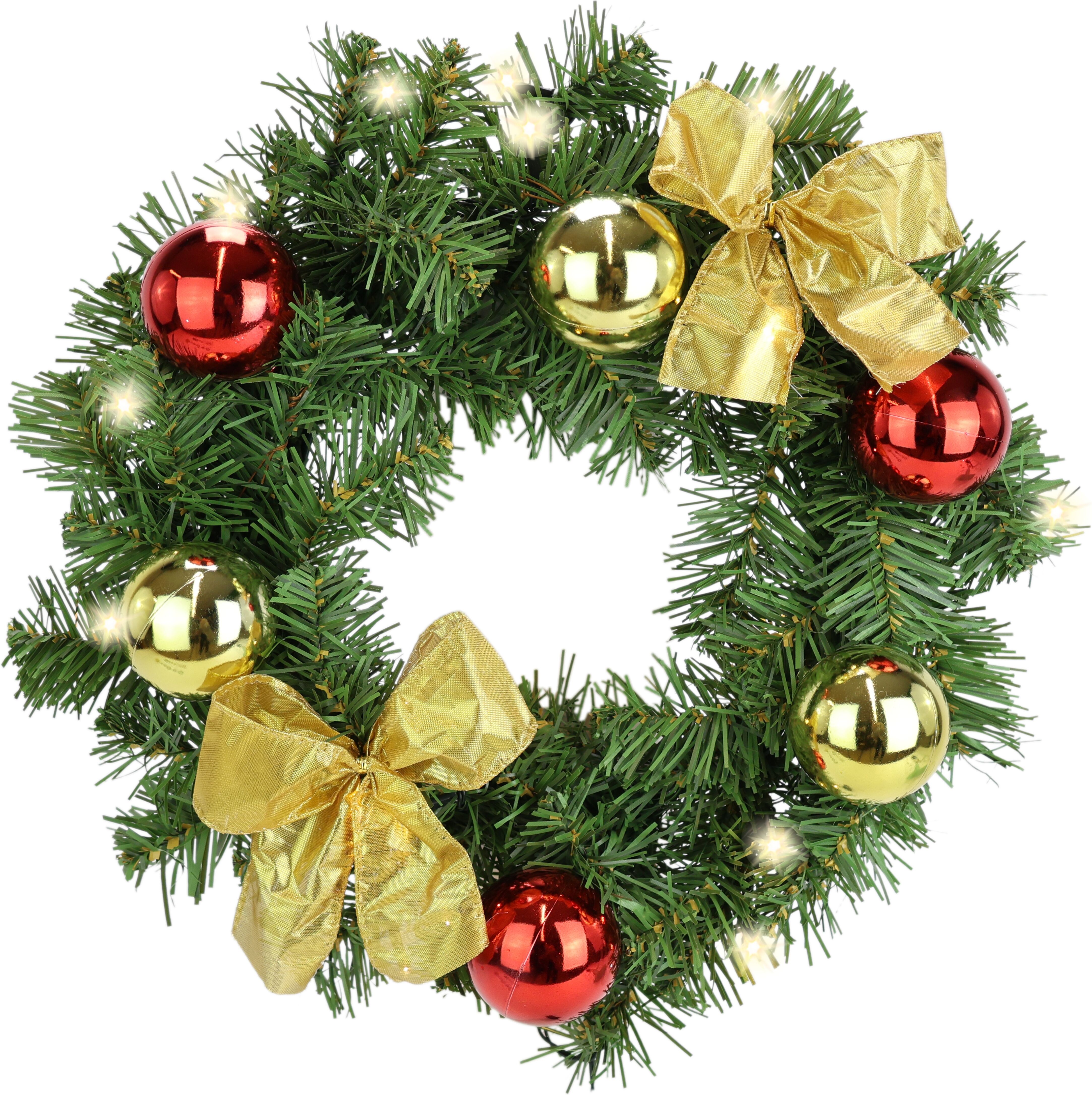 Kunstkranz I.GE.A. "LED-Weihnachtskranz dekoriert", grün (rot, gold), B:30cm H:10cm L:30cm, Kunststoff, Kunstpflanzen, Kunstkranz, Kranz mit Kugeln Schleifen Beleuchtung Tannenkranz
