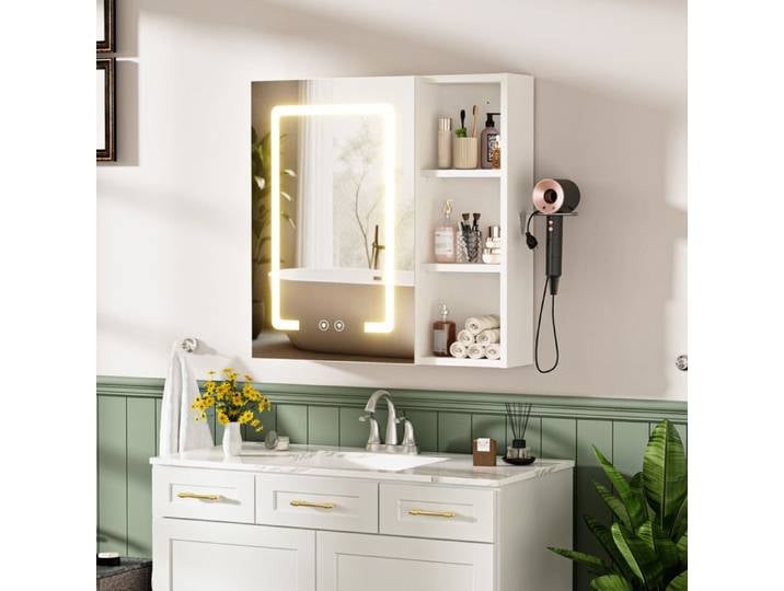 Armoire murale Salle de Bain-Avec miroir-compartiments réglables-LED réglable-Sèche-cheveux Rack-Anti-brouillard-60x15x60cm-blanc