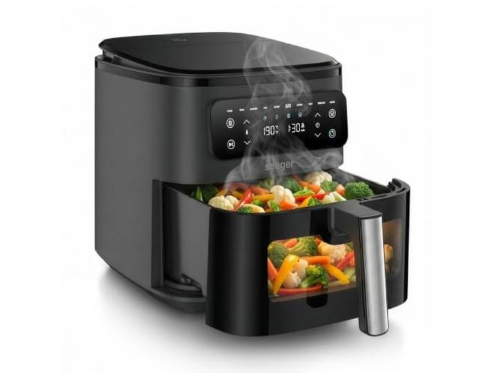 Seeger SteamFry Heißluftfritteuse mit Dampfgarer 7 L, Sichtfenster, Schwarz Airfryer mit Dampffunktion, außen knusprig, innen saftig, 1,1 L Wassertank, Innenbeleuchtung, PFAS-frei, Entkalkungsprogramm