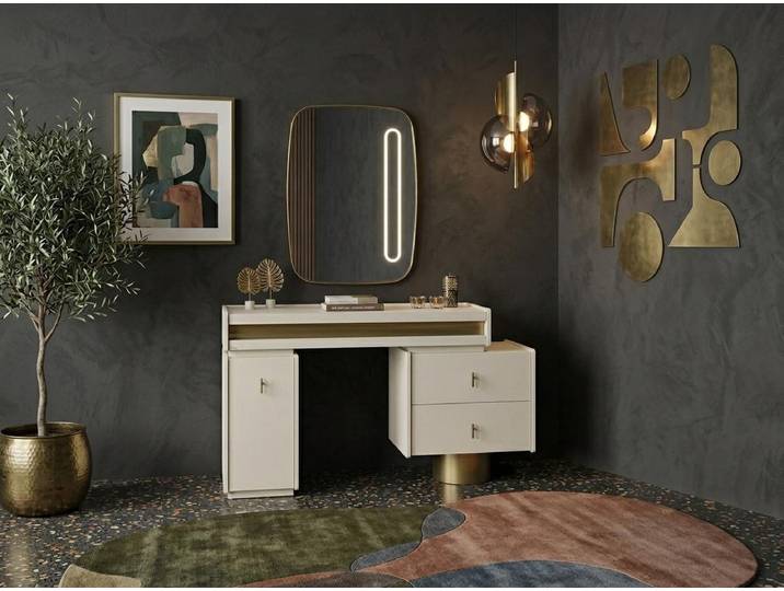 JVmoebel Schminktisch Moderner Schminktisch Weiß Holz Metall Spiegel Schlafzimmer (1-tlg)
