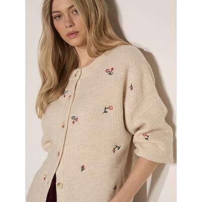 Cardigan APRICOT "Weiche Strickjacke", Damen, Gr. 12, stone, Strick, , Modisch, normal, Rundhals, Gerippte Bündchen, Strickjacken, mit Blumenstickerei