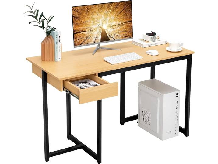 COSTWAY Schreibtisch mit Schublade, Computertisch 120x55x75cm klein, Officetisch Bürotisch PC-Tisch Arbeitstisch Metallgestell Natur