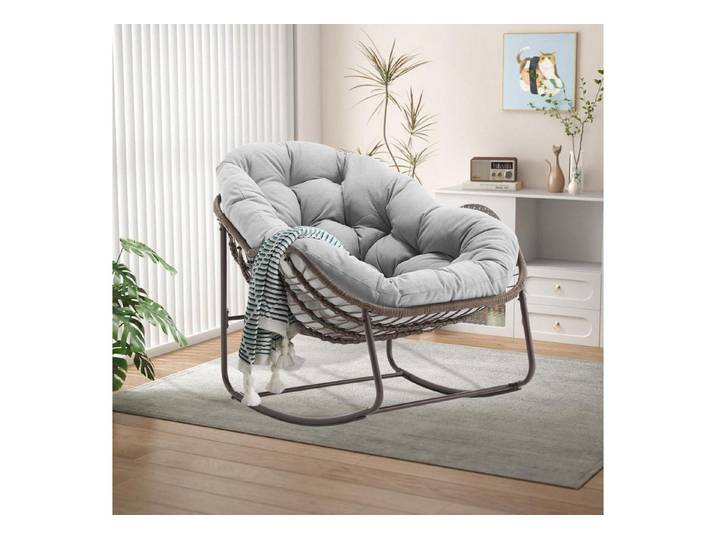 LuxusKollektion Schaukelstuhl Schaukelstuhl Rattan Hellgrau Olefingewebe Eiförmig 95x111x80cm