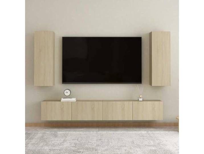 HEFZGDB 4-TLG. TV-Schrank-Set Sonoma-Eiche Holzwerkstoff mit Wandmontage und reichlich Staufächern für Aufbewahrung