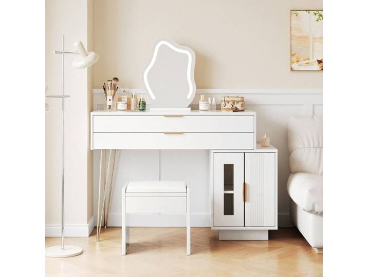 Coiffeuse - Modèle 100×78×40 cm - Miroir LED 3 couleurs - 2 tiroirs spacieux - Blanc