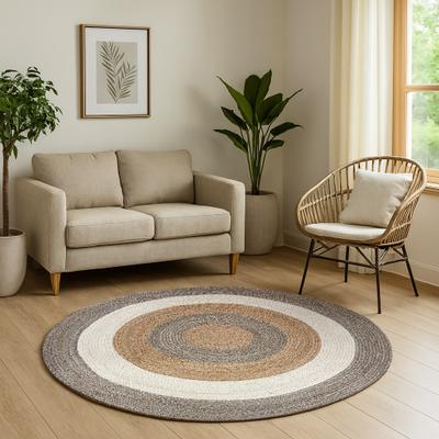 Teppich "Terra Rings", beige (natur, beige, taupe), H:10mm Ø:200cm, Jute, MYFLAIR MÖBEL & ACCESSOIRES, Teppiche, Teppich, Juteteppich, handgeflochten, Wendeteppich, gestreift, reine Naturfaser