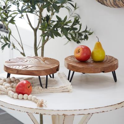 Studio 350 Brown Teak Wood Intricate Carved Floral Living Room Decor Tray (Set of 2) - 11 x 11 x 4Round