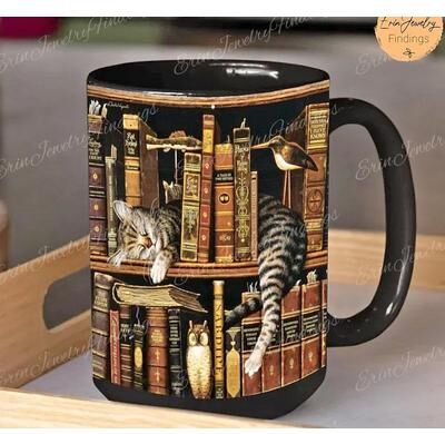Multisell Products Hub Retro Book Pattern Mug, Literary Black Ceramic Coffee Cup, Vintage Bookshelf Theme, Book Lover Gift Mug e