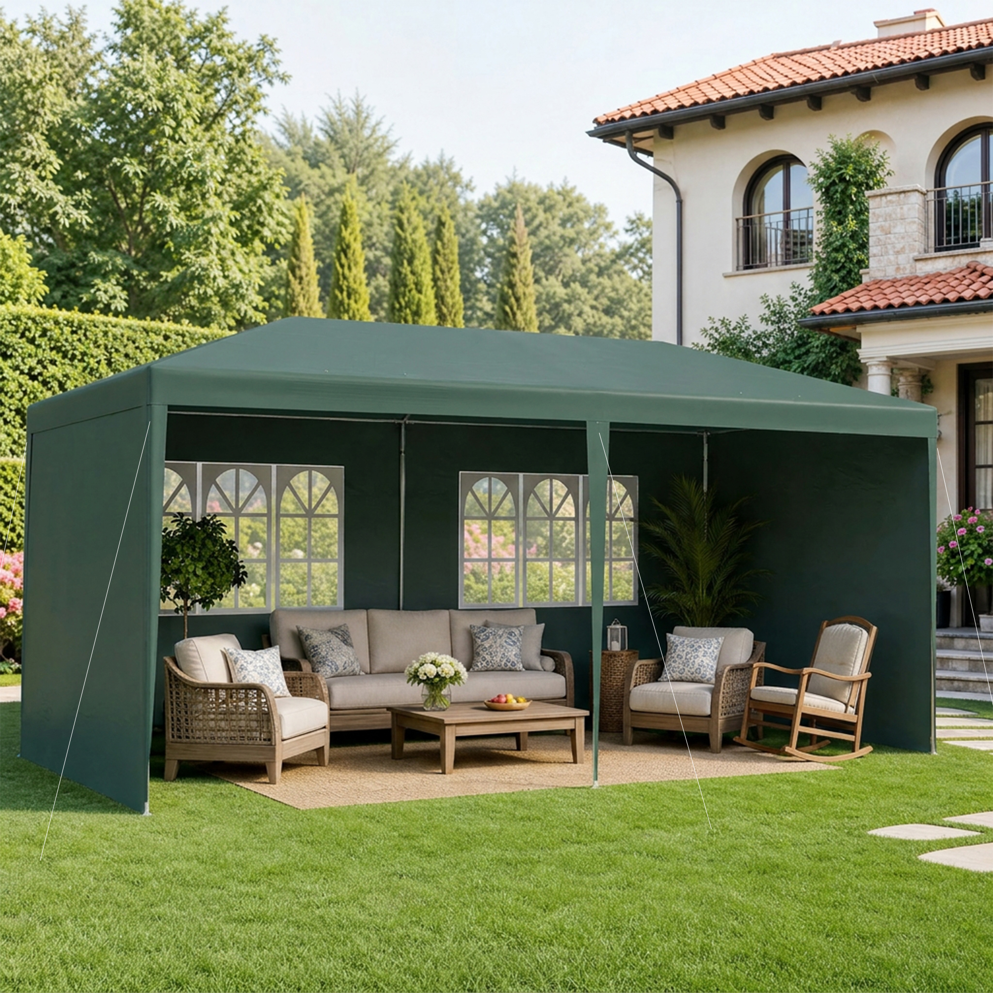 Outsunny Gazebo da Giardino 6x3 m per Eventi con Pareti Rimovibili e Finestre Trasparenti, Verde