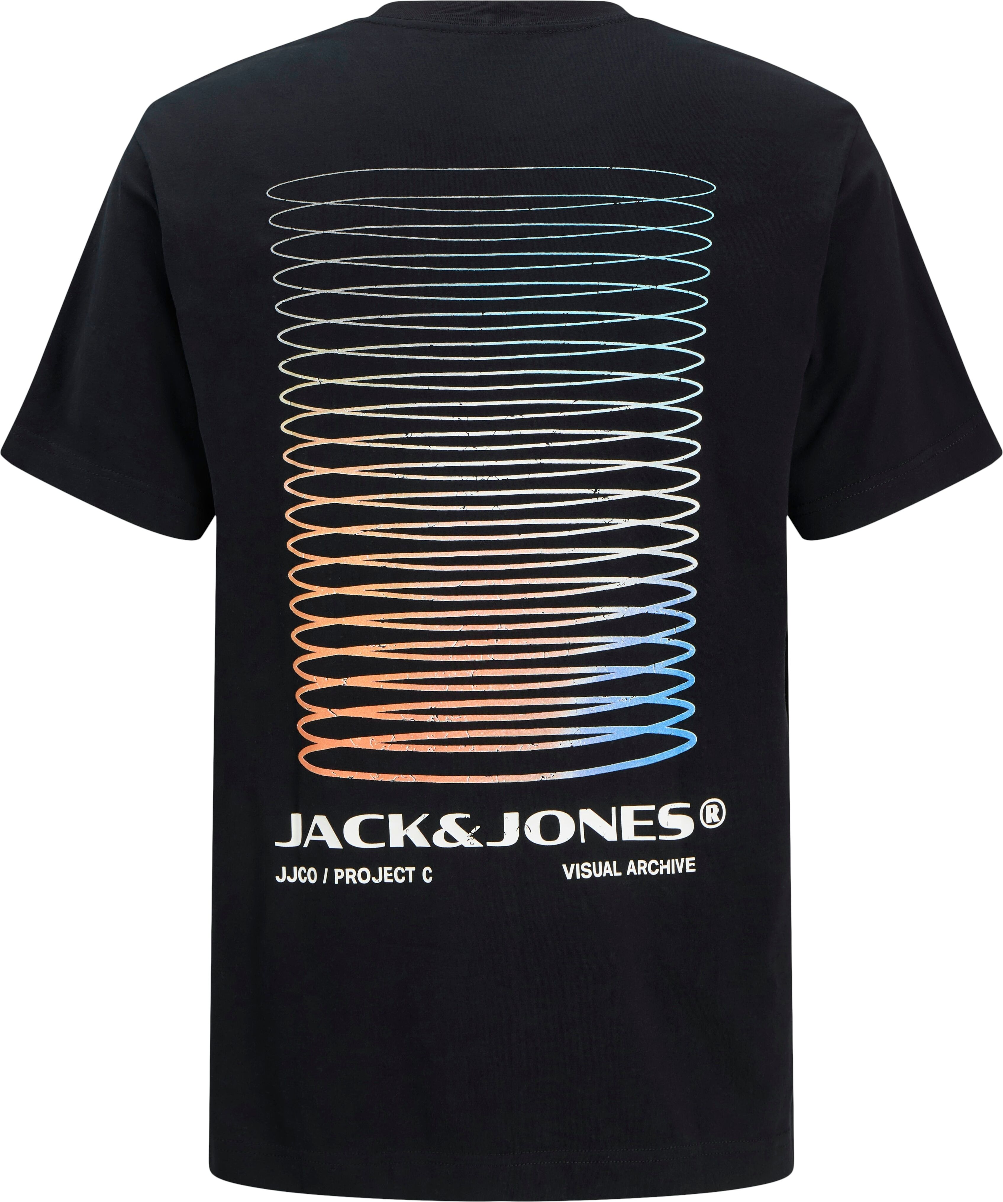 Print-Shirt JACK & JONES "JCOCALMA BACK PRINT TEE SS CREW NECK", Herren, Gr. S, schwarz, Jersey, Obermaterial: 100% Baumwolle, bedruckt, regular fit taillenbedeckt, Rundhals, gerader Abschluss, Shirts Print-Shirt, mit Backprint schwarz S
