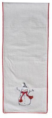 Storied Home Linen Printed Table Runner with Embroidered Snowman and Bird Image, Applique and Pom Pom Trim